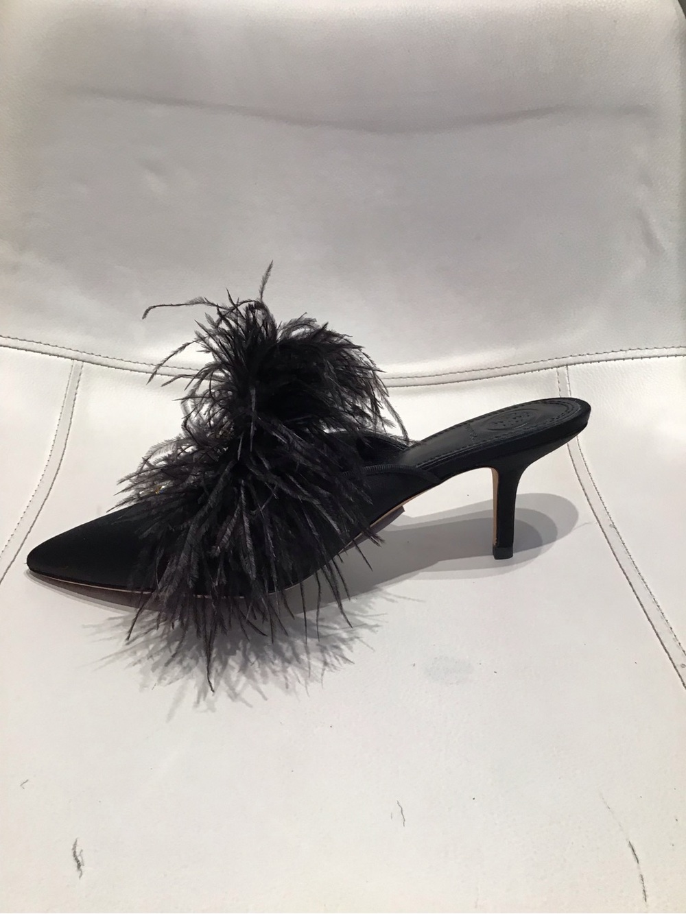 Tory Burch Black Feather & Jeweled Pointed Toe Mules - Picture 3 of 3